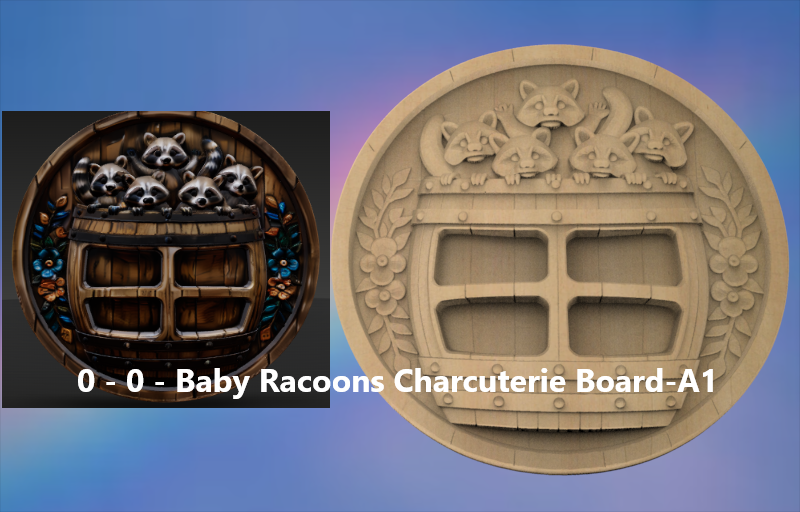 Baby Raccoons Charcuterie Board 3D STL File – CNC Ready