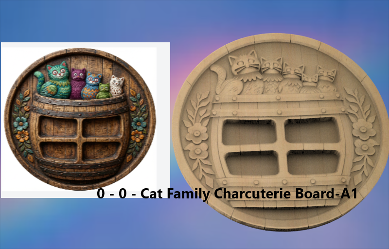 Cat Family Charcuterie Board 3D STL File – CNC Ready