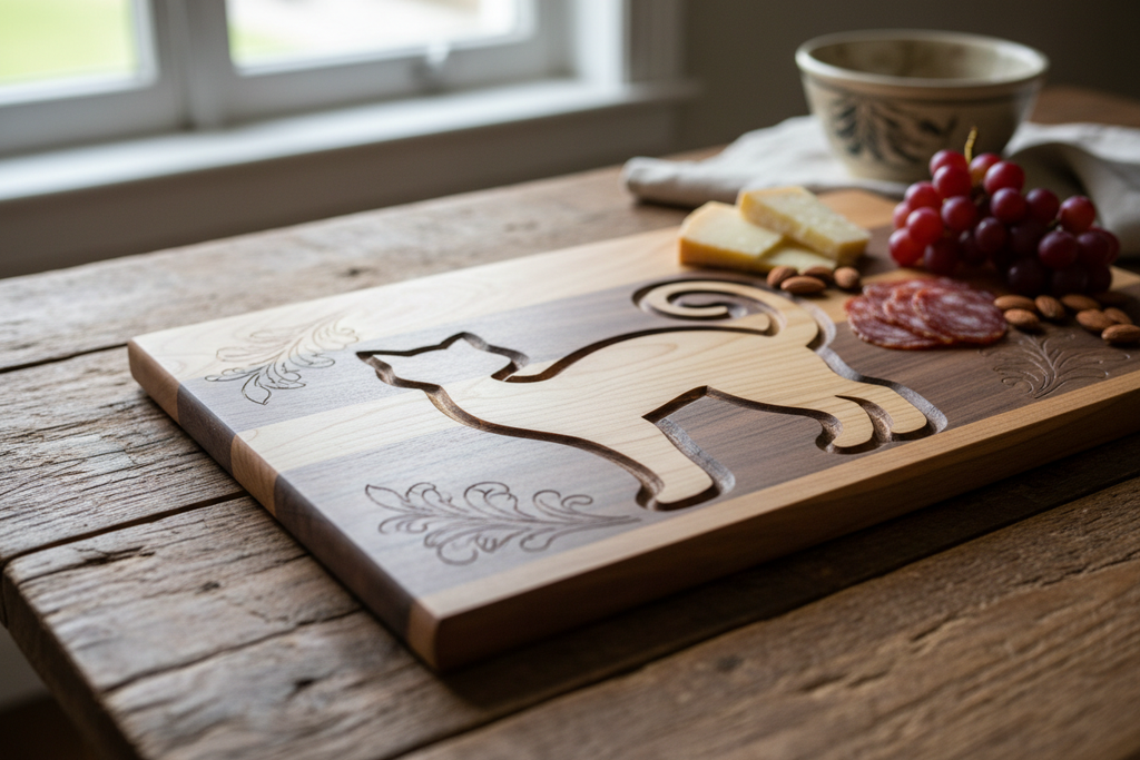 Cat charcuterie board with intricate wood carving detail