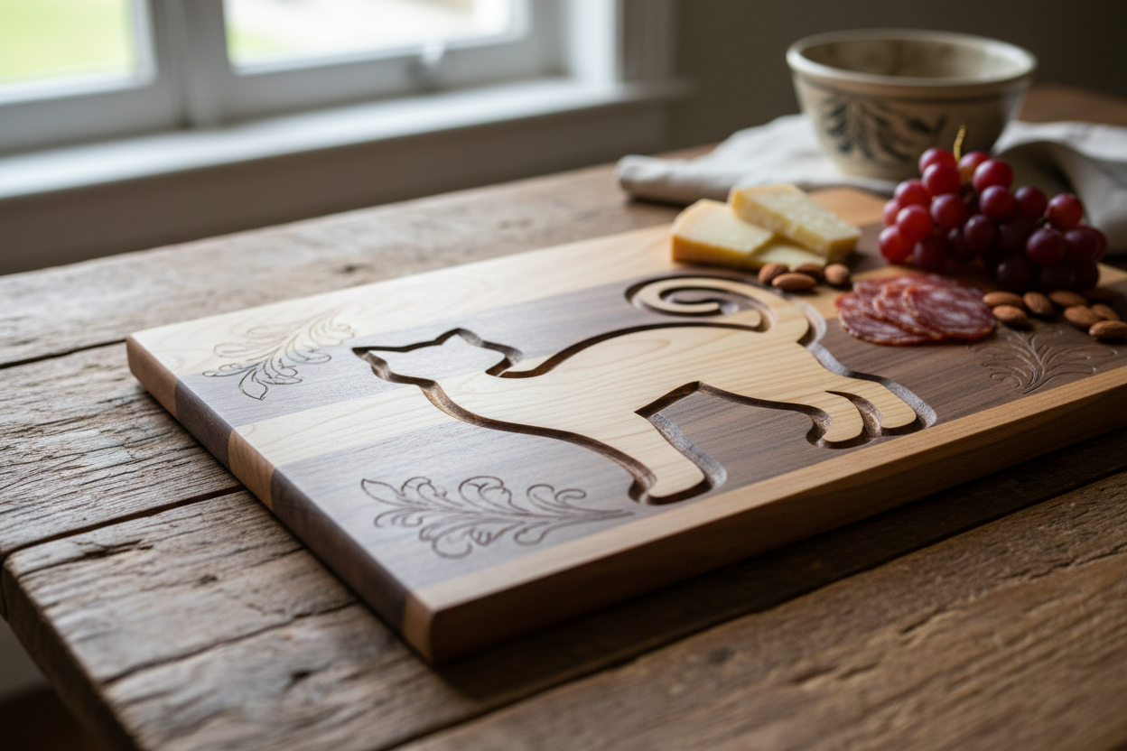 Cat charcuterie board with intricate wood carving detail