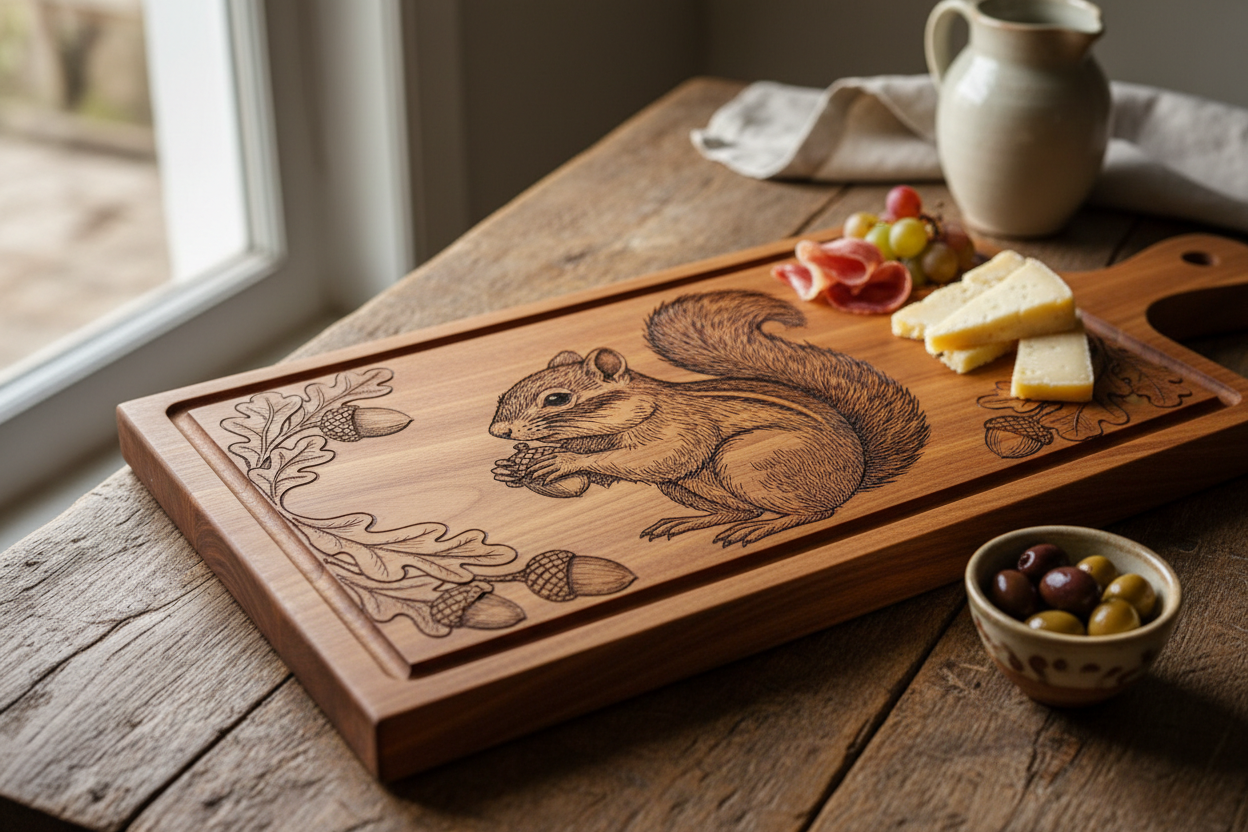 Chipmunk charcuterie board with intricate wood carving detail